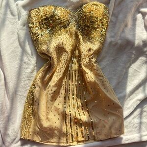 Basix Black Label Gold Sequin beaded embellished silk stone Strapless mini Dress